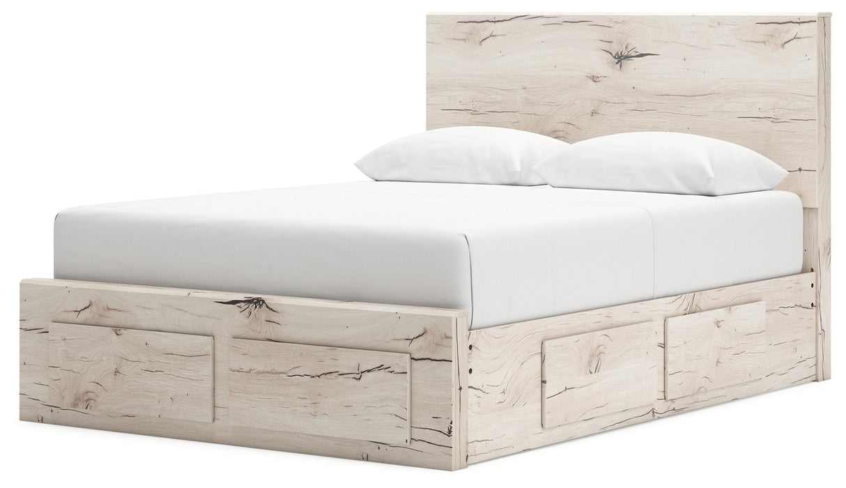 Lawroy Queen Panel Storage Bed with Mirrored Dresser and Nightstand in Light Natural from Ashley - Luna Furniture