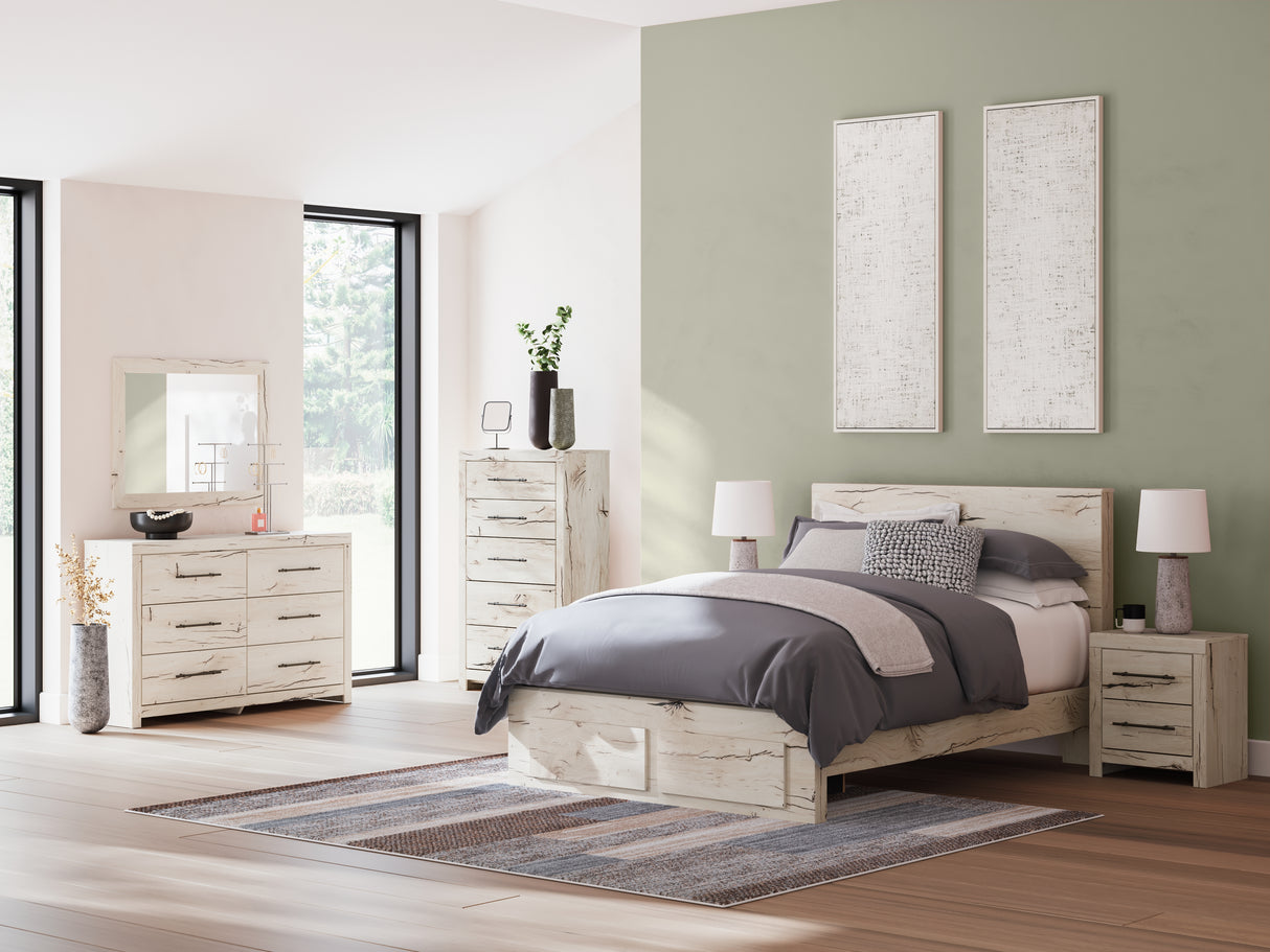 Lawroy Queen Panel Storage Bed with Mirrored Dresser in Light Natural from Ashley - Luna Furniture