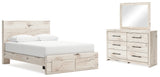 Lawroy Queen Panel Storage Bed with Mirrored Dresser in Light Natural from Ashley - Luna Furniture