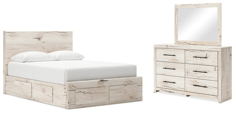 Lawroy Queen Panel Storage Bed with Mirrored Dresser in Light Natural - PKG020158