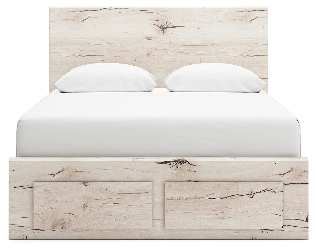 Lawroy Queen Panel Storage Bed with Mirrored Dresser in Light Natural - PKG020158