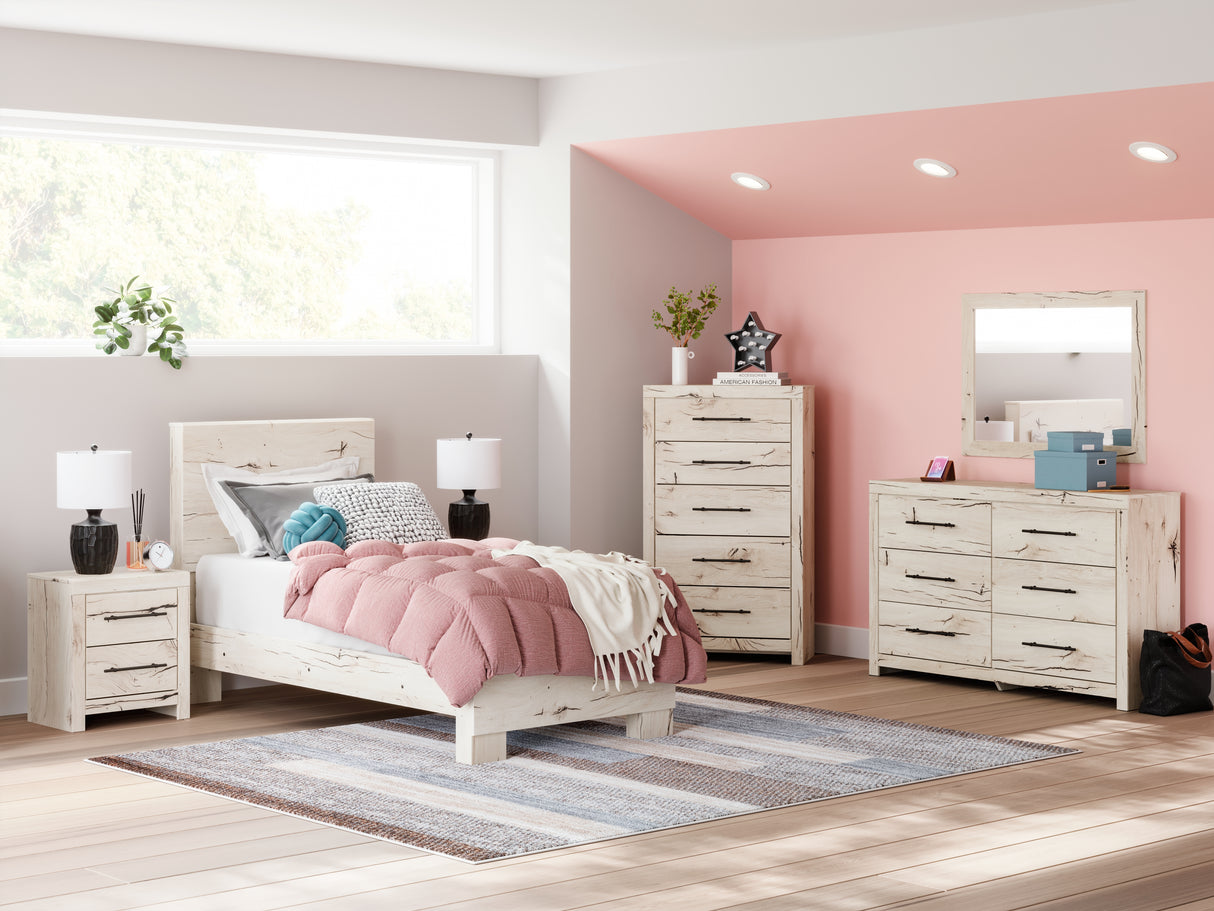 Lawroy Twin Panel Bed with Mirrored Dresser in Light Natural from Ashley - Luna Furniture