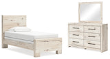 Lawroy Twin Panel Bed with Mirrored Dresser in Light Natural from Ashley - Luna Furniture