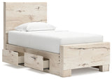 Lawroy Twin Panel Bed with Mirrored Dresser in Light Natural - PKG020239