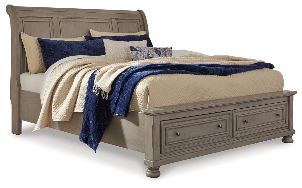 Lettner King Sleigh Bed with 2 Storage Drawers with Mirrored Dresser, Chest and 2 Nightstands in Light Gray - PKG006606