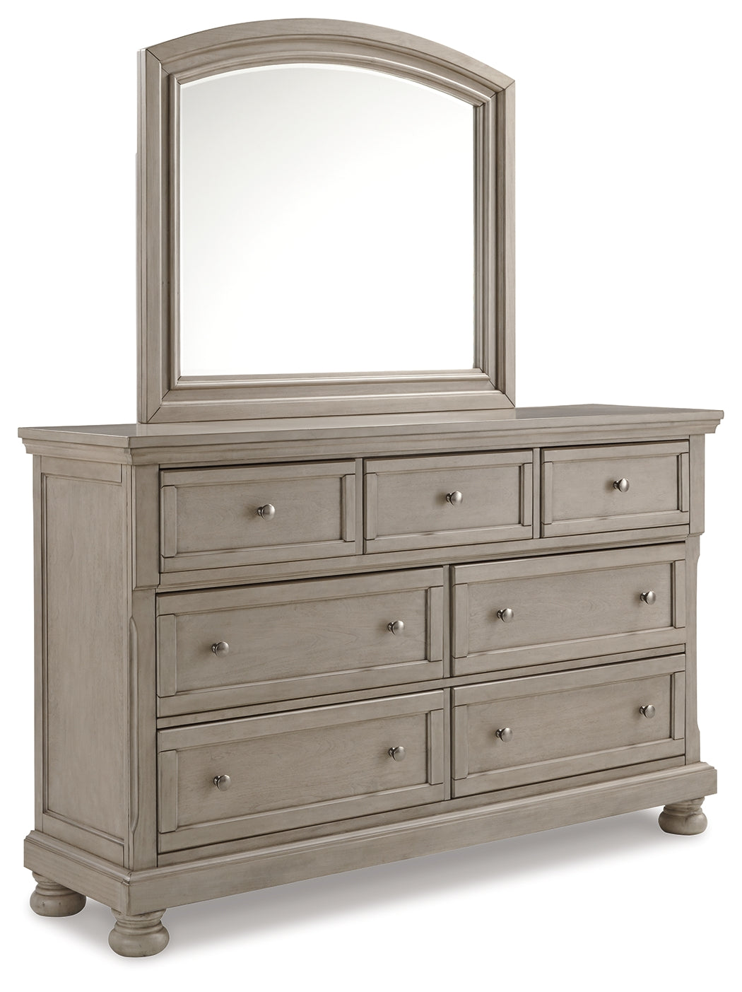 Lettner King Sleigh Bed with 2 Storage Drawers with Mirrored Dresser, Chest and 2 Nightstands in Light Gray - PKG006606