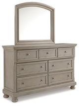 Lettner King Sleigh Bed with 2 Storage Drawers with Mirrored Dresser, Chest and 2 Nightstands in Light Gray - PKG006606