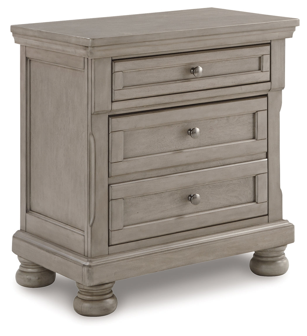 Lettner King Sleigh Bed with 2 Storage Drawers with Mirrored Dresser, Chest and 2 Nightstands in Light Gray - PKG006606