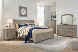 Lettner King Sleigh Bed with 2 Storage Drawers with Mirrored Dresser, Chest and 2 Nightstands in Light Gray - PKG006606