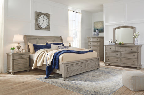 Lettner King Sleigh Bed with 2 Storage Drawers with Mirrored Dresser, Chest and 2 Nightstands in Light Gray - PKG006606