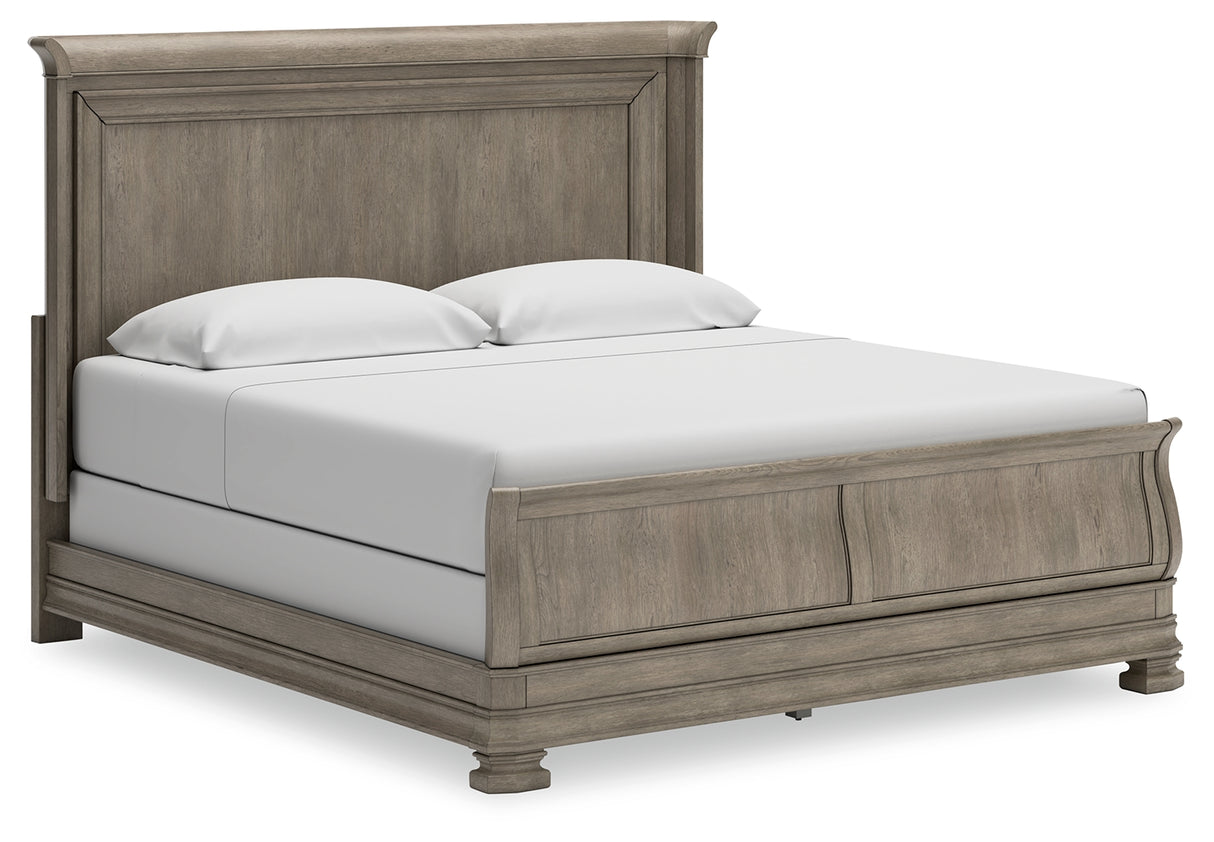 Lexorne California King Sleigh Bed with Mirrored Dresser and 2 Nightstands in Gray - PKG015693