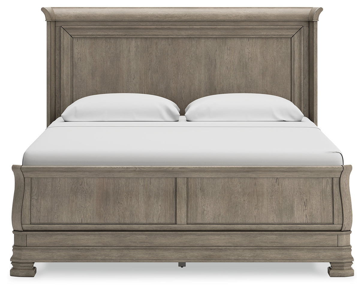 Lexorne California King Sleigh Bed with Mirrored Dresser and 2 Nightstands in Gray - PKG015693