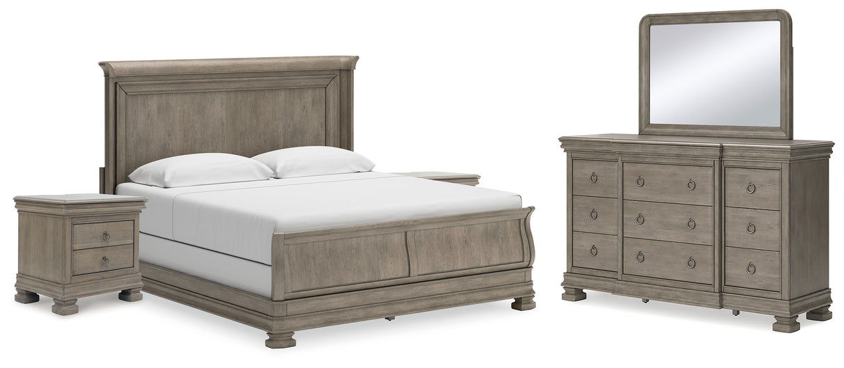 Lexorne California King Sleigh Bed with Mirrored Dresser and 2 Nightstands in Gray - PKG015693