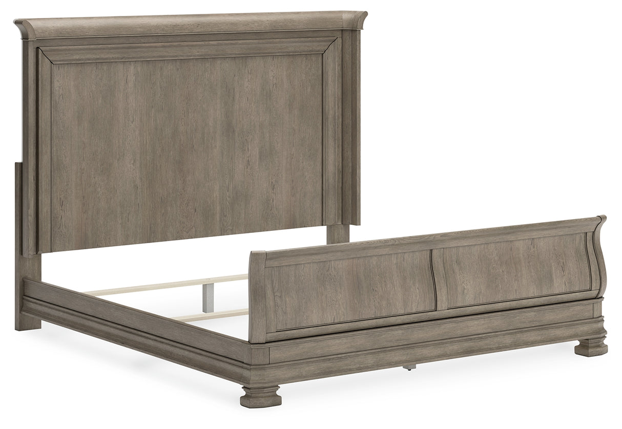 Lexorne California King Sleigh Bed with Mirrored Dresser and Chest in Gray - PKG015696