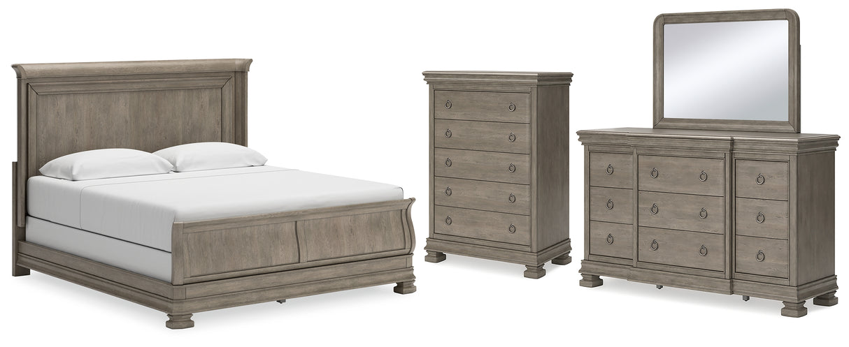 Lexorne California King Sleigh Bed with Mirrored Dresser and Chest in Gray - PKG015696