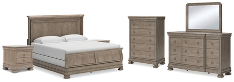 Lexorne California King Sleigh Bed with Mirrored Dresser, Chest and 2 Nightstands in Gray - PKG015694