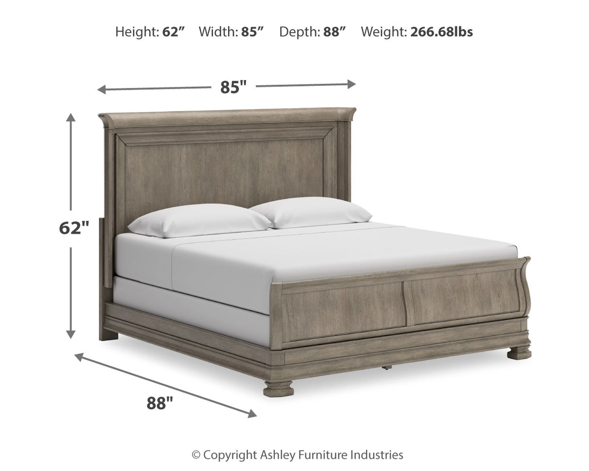 Lexorne California King Sleigh Bed with Mirrored Dresser, Chest and 2 Nightstands in Gray - PKG015694