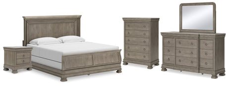 Lexorne California King Sleigh Bed with Mirrored Dresser, Chest and Nightstand in Gray - PKG015697