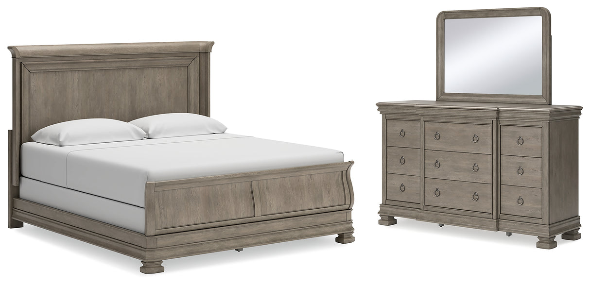 Lexorne California King Sleigh Bed with Mirrored Dresser in Gray - PKG015692