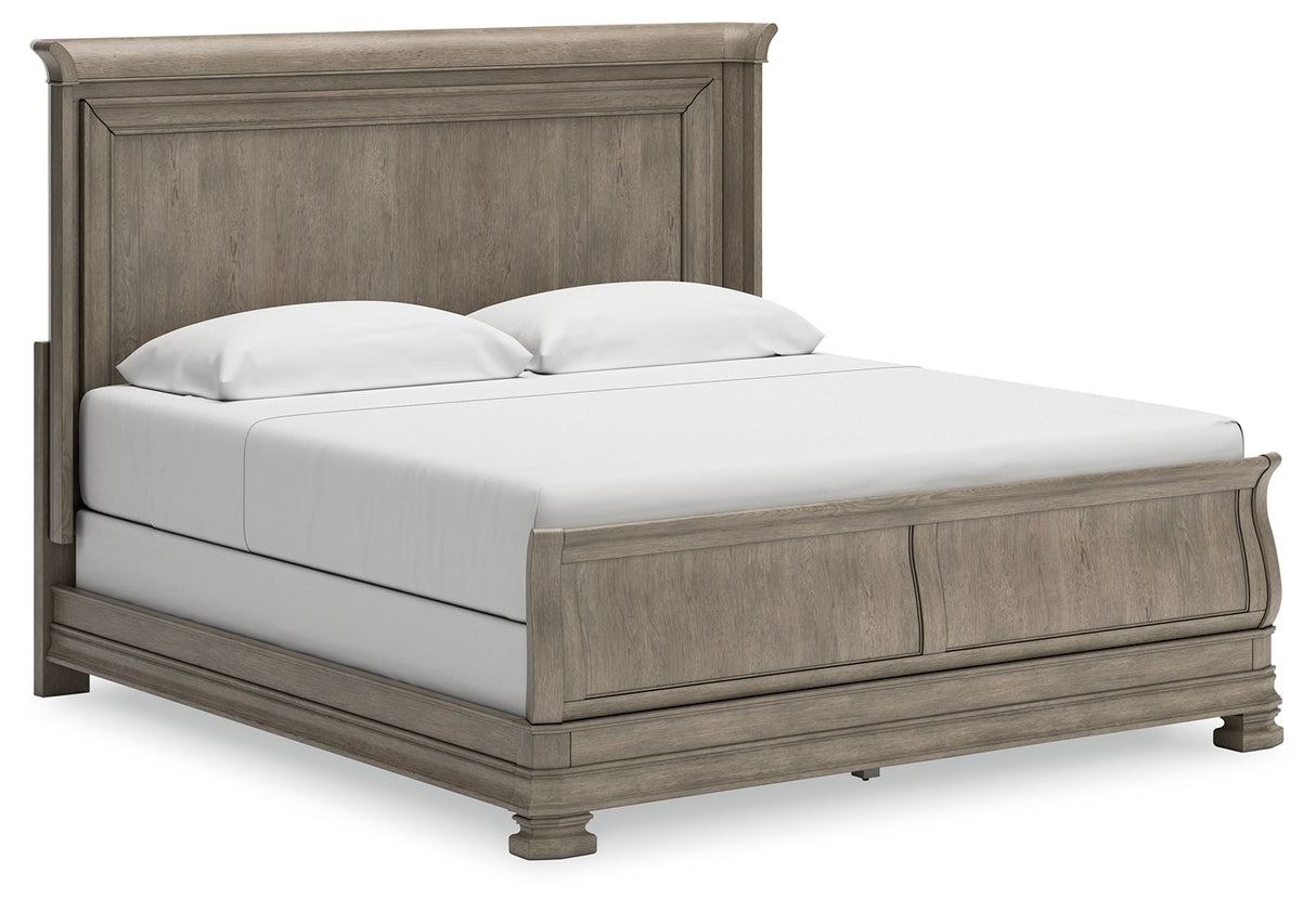 Lexorne King Sleigh Bed with Mirrored Dresser and 2 Nightstands in Gray - PKG015687