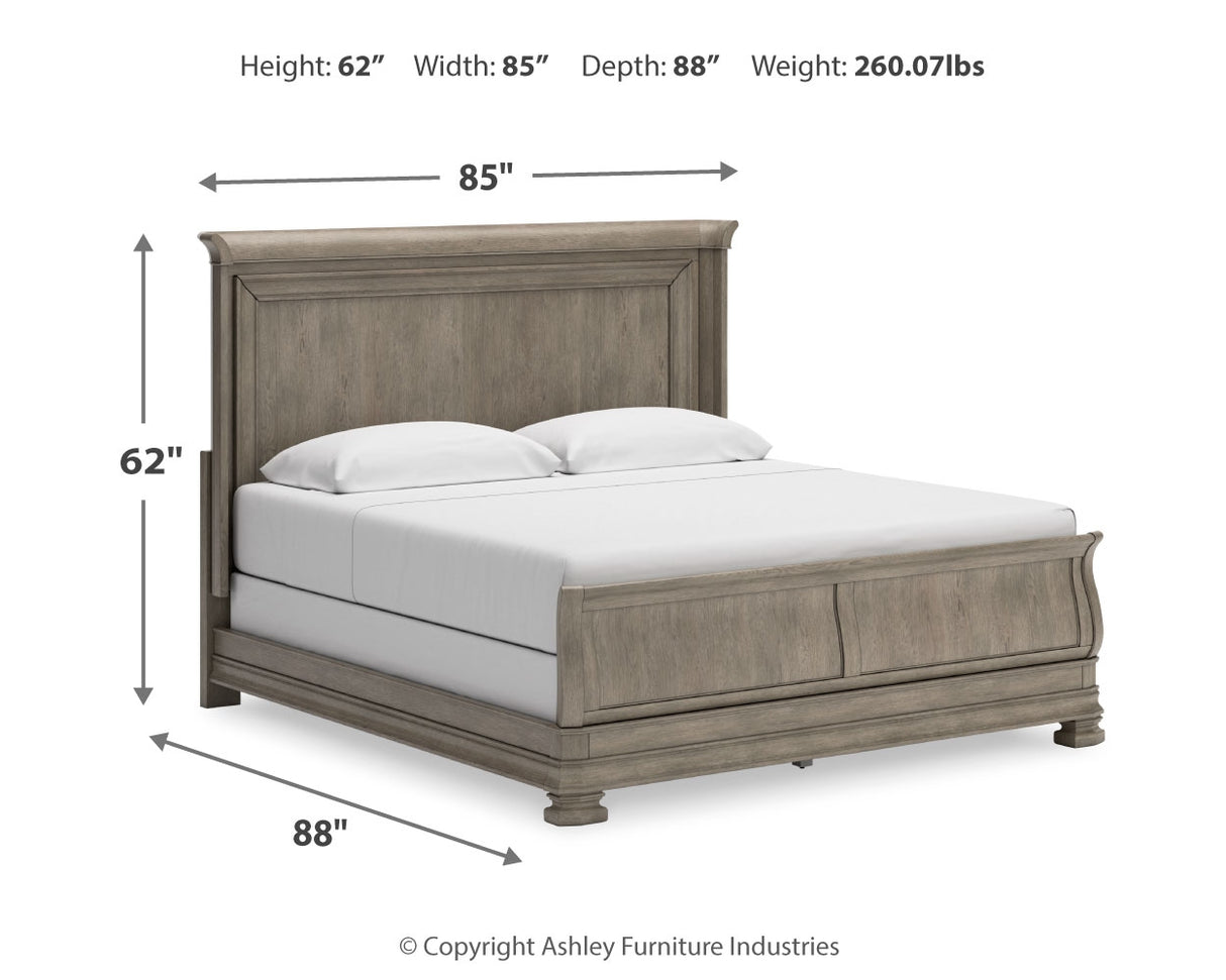 Lexorne King Sleigh Bed with Mirrored Dresser and 2 Nightstands in Gray - PKG015687