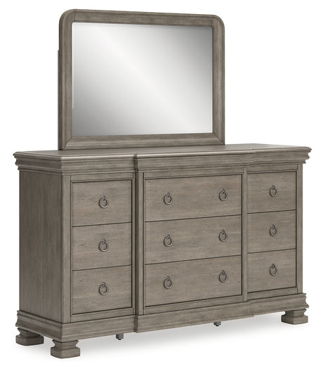 Lexorne King Sleigh Bed with Mirrored Dresser and Chest in Gray from Ashley - Luna Furniture