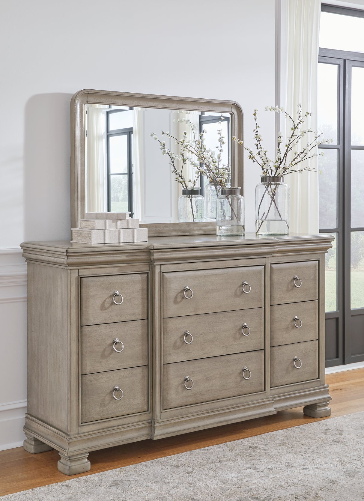 Lexorne King Sleigh Bed with Mirrored Dresser and Chest in Gray from Ashley - Luna Furniture