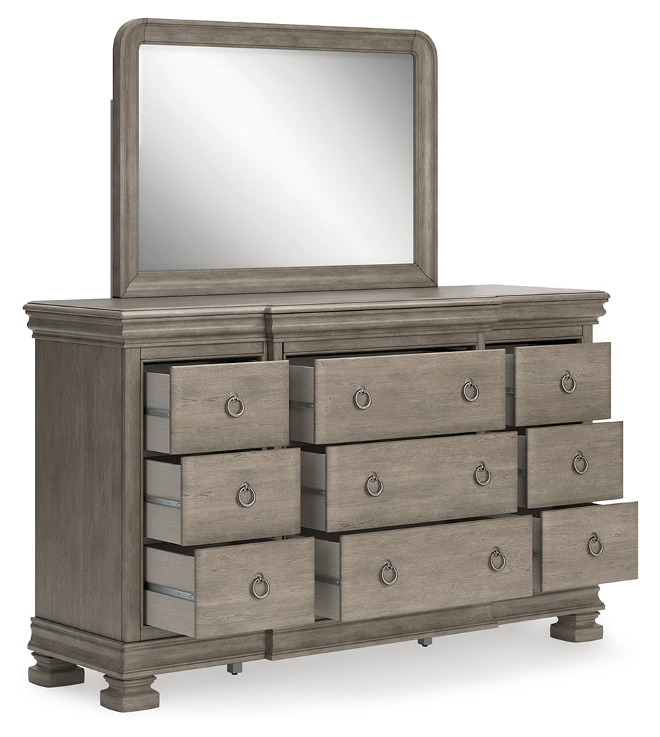 Lexorne King Sleigh Bed with Mirrored Dresser and Chest in Gray from Ashley - Luna Furniture