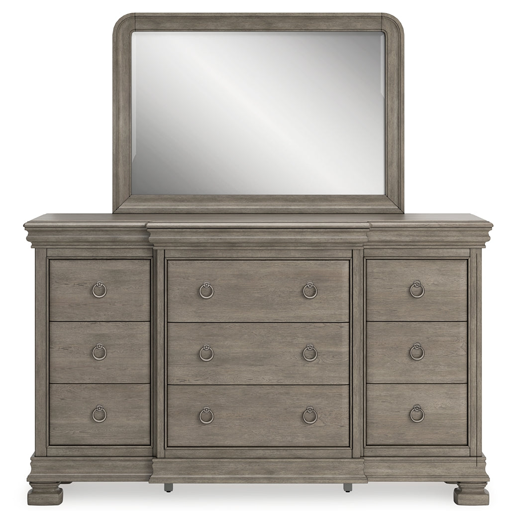 Lexorne King Sleigh Bed with Mirrored Dresser and Chest in Gray from Ashley - Luna Furniture