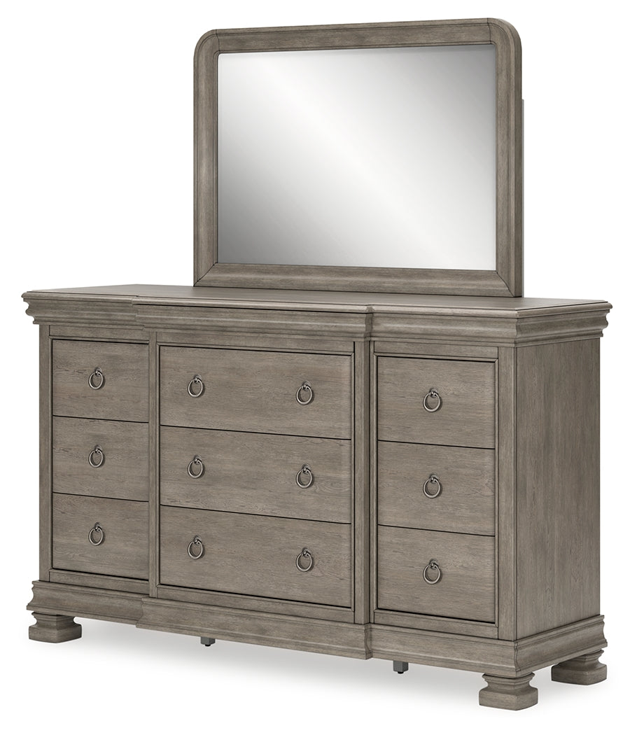 Lexorne King Sleigh Bed with Mirrored Dresser and Chest in Gray from Ashley - Luna Furniture