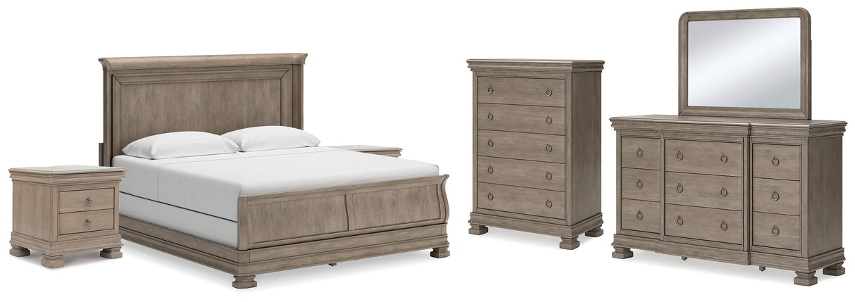 Lexorne King Sleigh Bed with Mirrored Dresser, Chest and 2 Nightstands in Gray - PKG015688