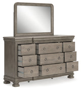 Lexorne King Sleigh Bed with Mirrored Dresser, Chest and 2 Nightstands in Gray - PKG015688