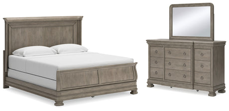 Lexorne King Sleigh Bed with Mirrored Dresser in Gray from Ashley - Luna Furniture