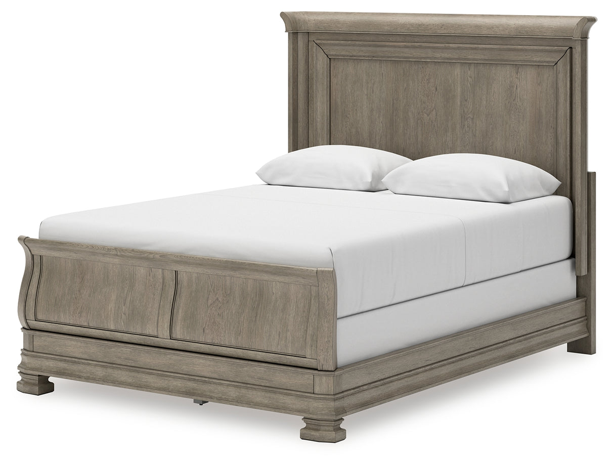 Lexorne Queen Sleigh Bed with Mirrored Dresser and 2 Nightstands in Gray - PKG015657