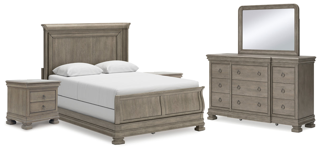 Lexorne Queen Sleigh Bed with Mirrored Dresser and 2 Nightstands in Gray - PKG015657