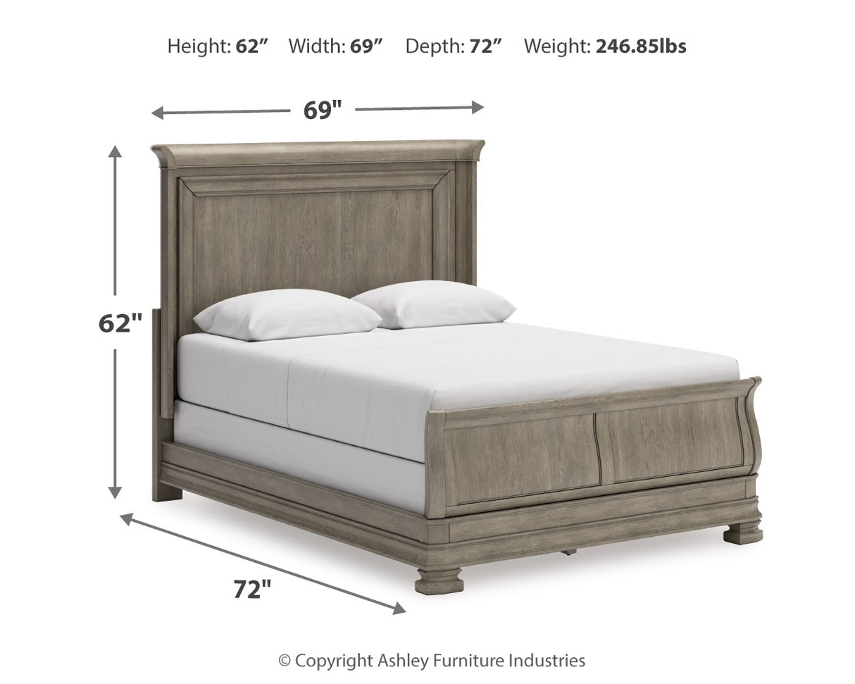 Lexorne Queen Sleigh Bed with Mirrored Dresser and 2 Nightstands in Gray - PKG015657