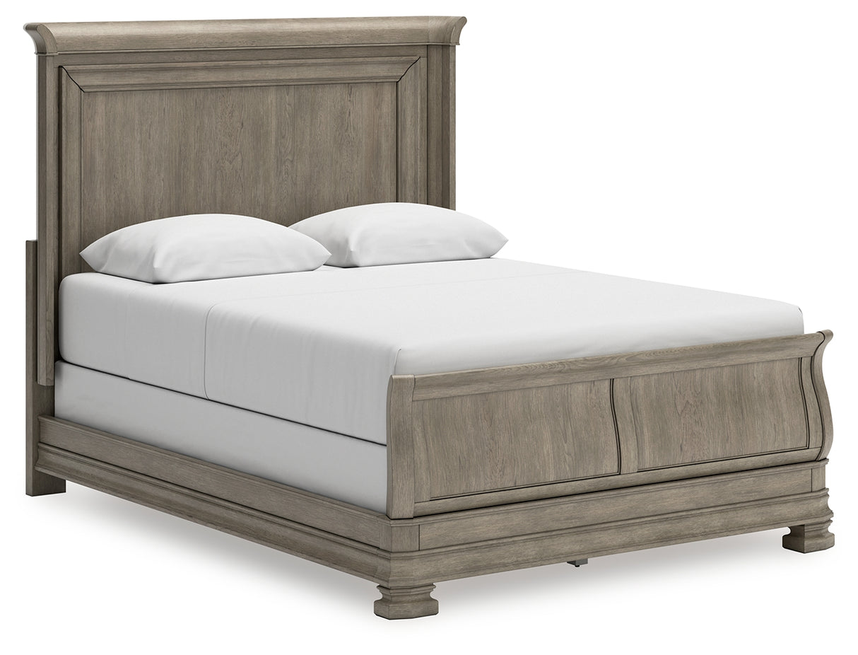 Lexorne Queen Sleigh Bed with Mirrored Dresser and 2 Nightstands in Gray - PKG015657