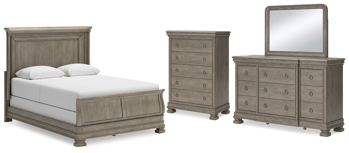 Lexorne Queen Sleigh Bed with Mirrored Dresser and Chest in Gray - PKG015684