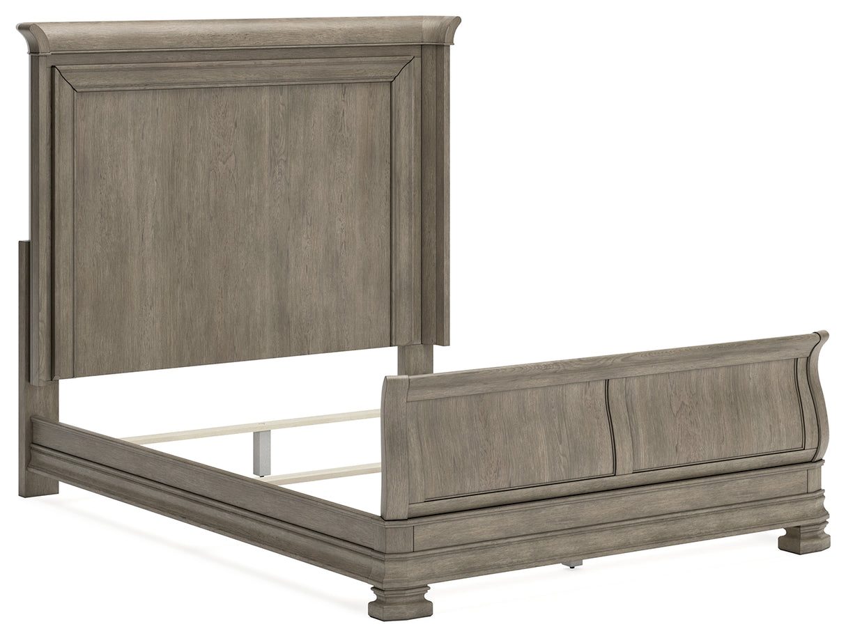 Lexorne Queen Sleigh Bed with Mirrored Dresser and Nightstand in Gray - PKG015659