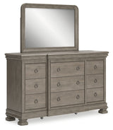 Lexorne Queen Sleigh Bed with Mirrored Dresser, Chest and 2 Nightstands in Gray - PKG015658