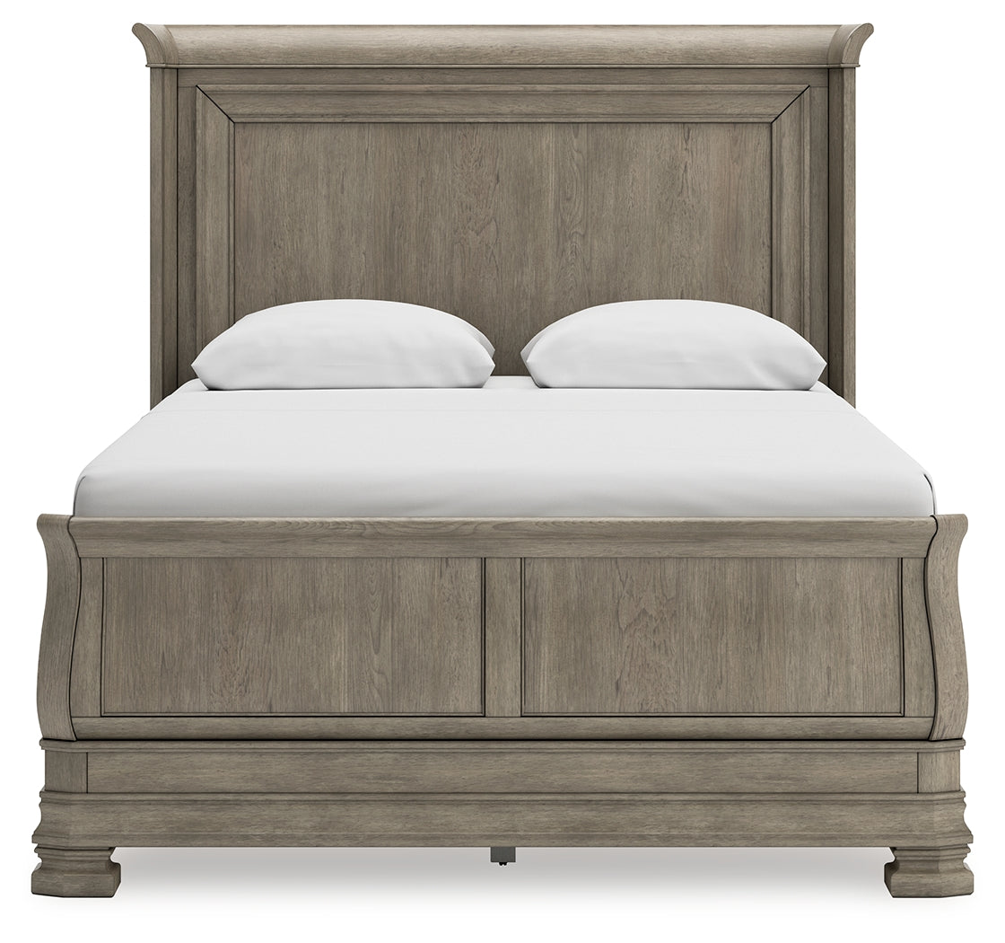 Lexorne Queen Sleigh Bed with Mirrored Dresser, Chest and 2 Nightstands in Gray - PKG015658