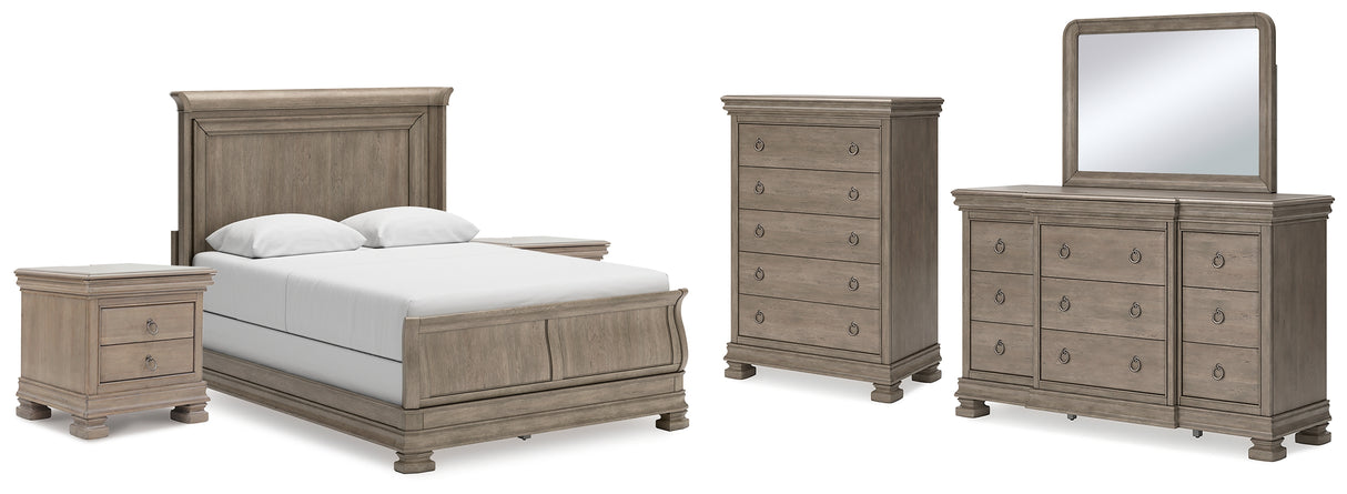 Lexorne Queen Sleigh Bed with Mirrored Dresser, Chest and 2 Nightstands in Gray - PKG015658