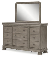 Lexorne Queen Sleigh Bed with Mirrored Dresser, Chest and 2 Nightstands in Gray - PKG015658