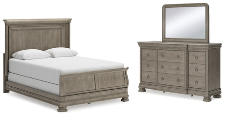 Lexorne Queen Sleigh Bed with Mirrored Dresser in Gray - PKG015656