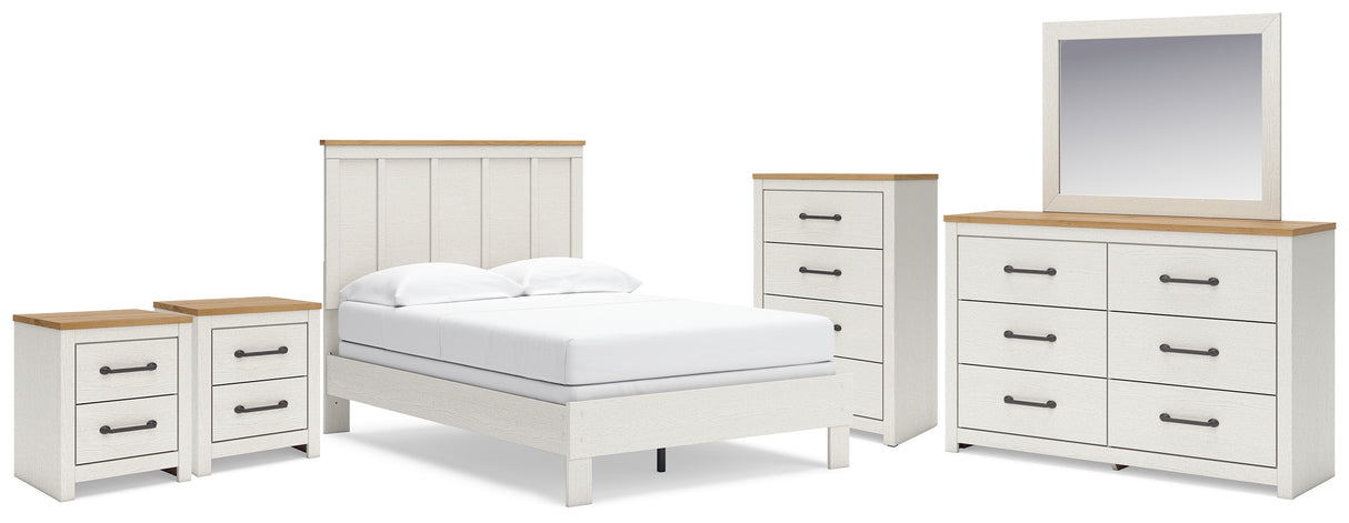 Linnocreek Full Panel Bed with Mirrored Dresser, Chest and 2 Nightstands in White/Warm Brown from Ashley - Luna Furniture