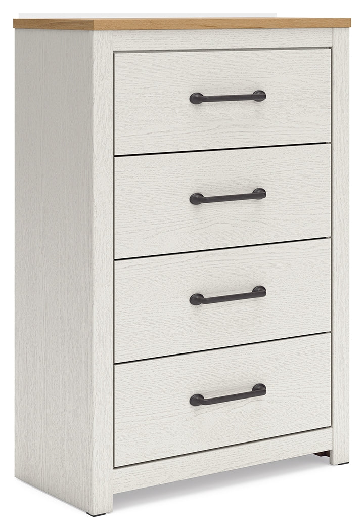 Linnocreek Full Panel Bed with Mirrored Dresser, Chest and Nightstand in White/Warm Brown from Ashley - Luna Furniture