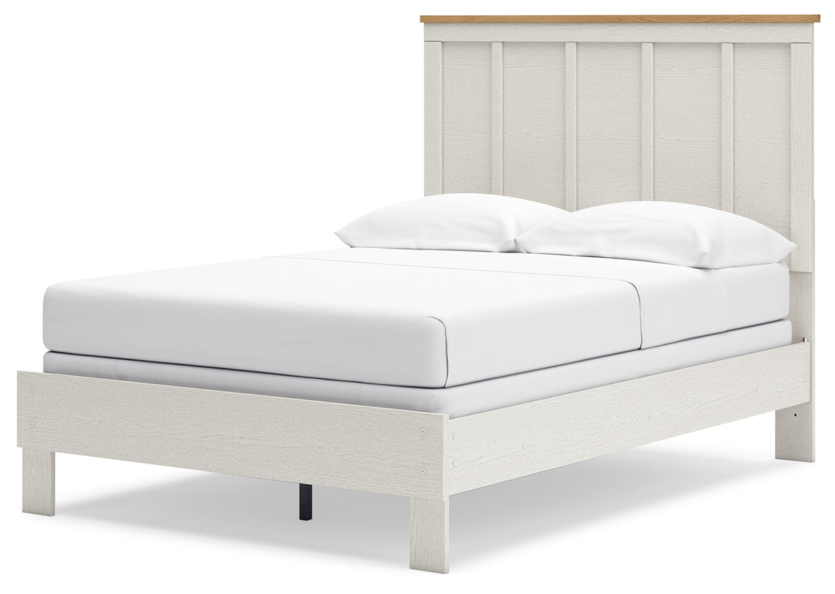 Linnocreek Full Panel Bed with Mirrored Dresser in White/Warm Brown from Ashley - Luna Furniture