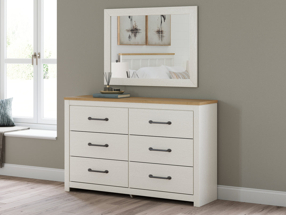 Linnocreek Full Panel Bed with Mirrored Dresser in White/Warm Brown from Ashley - Luna Furniture