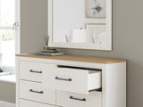 Linnocreek Full Panel Bed with Mirrored Dresser in White/Warm Brown from Ashley - Luna Furniture