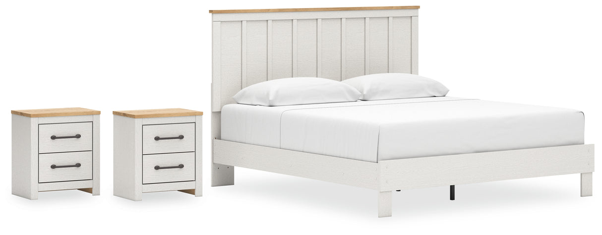 Linnocreek King Panel Bed with 2 Nightstands in White/Warm Brown from Ashley - Luna Furniture